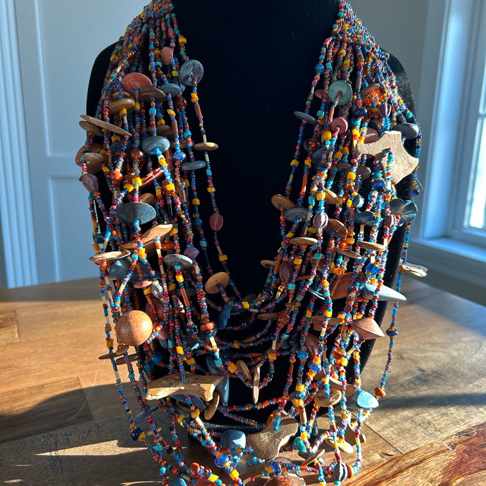 NWOT, Artisan Handmade 20 Strand Bib Necklace Made of Glass and Wood Beads, 24” - Picture 5 of 8